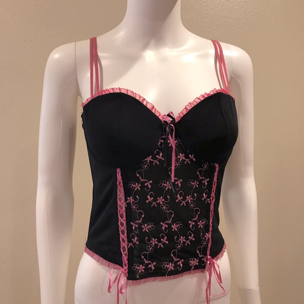 Corset Size 36B Naughty Nice Sexy Burlesque Black Pink Floral Embroidery Dollz
